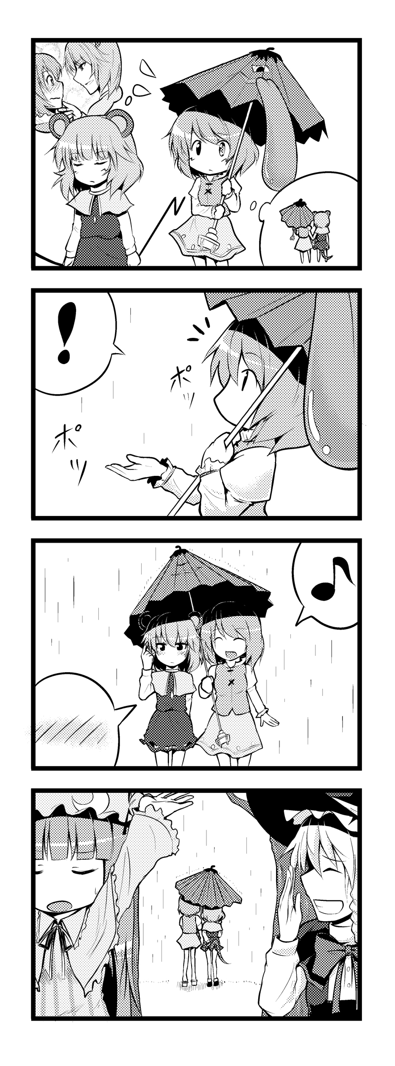 chipa (arutana), kirisame marisa, nazrin, patchouli knowledge, tatara kogasa, touhou, highres, !, 4girls, 4koma, animal ears, blush, comic, crescent, female focus, geta, greyscale, hiding, monochrome, mouse ears, mouse tail, multiple girls, musical note, oil-paper umbrella, quaver, rain, silent comic, speech bubble, spoken blush, spoken exclamation mark, spoken musical note, tail, umbrella, yuri