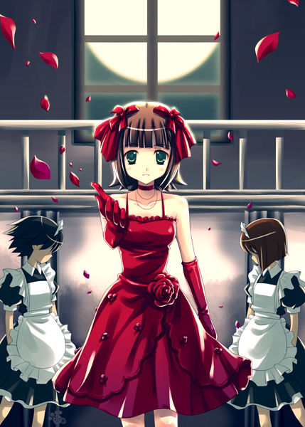 mame-p, amami haruka, hagiwara yukiho, kikuchi makoto, idolmaster, idolmaster (classic), bad id, bad pixiv id, 00s, 3girls, brown hair, choker, dress, elbow gloves, flower, gloves, maid, multiple girls, outstretched arm, outstretched hand, petals, reaching, red dress, rose, short hair