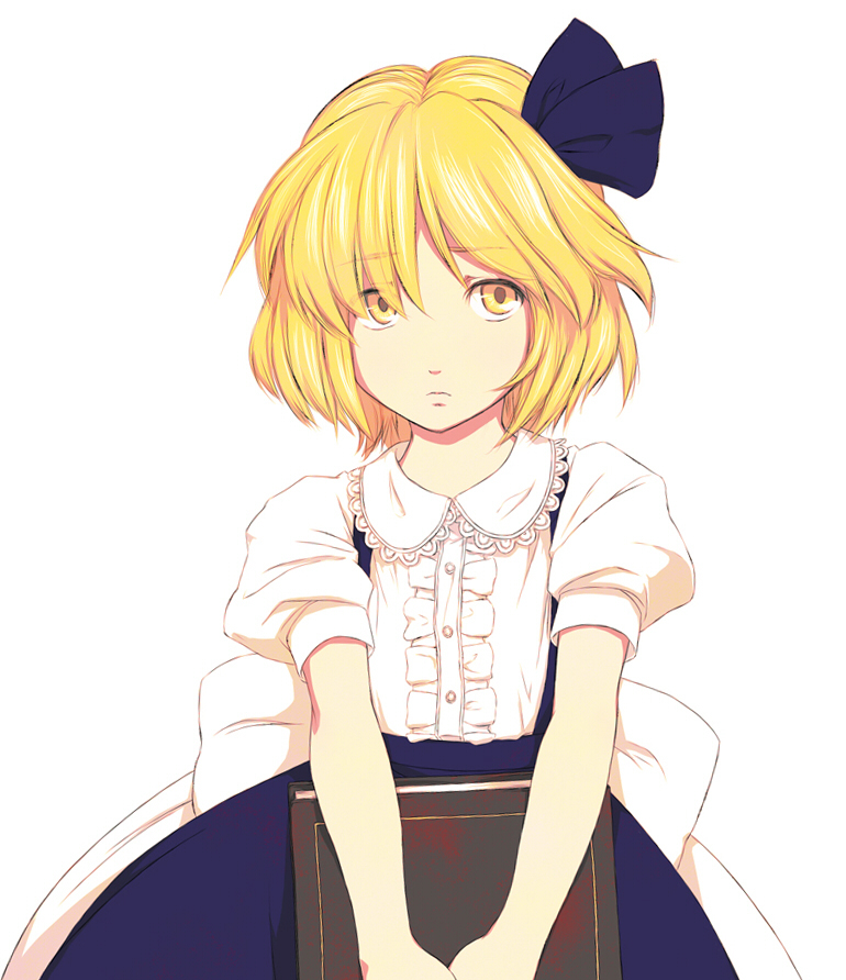 serene (gusarme), serene (pixiv66339), alice margatroid, alice margatroid (pc-98), mystic square, touhou, touhou (pc-98), 1girl, blonde hair, book, female focus, hair ribbon, looking up, ribbon, sad, short hair, solo, v arms