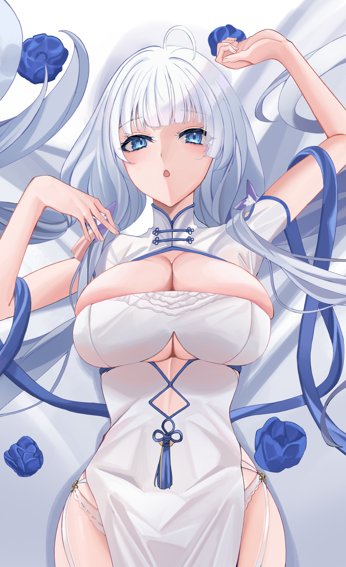 connyalow, illustrious (azur lane), illustrious (maiden lily's radiance) (azur lane), azur lane, commentary, highres, variant set, 1girl, ahoge, blue flower, blue trim, breasts, china dress, chinese clothes, cleavage, clothing cutout, cutout above navel, dress, flower, garter straps, huge breasts, looking at viewer, lying, official alternate costume, on back, short sleeves, solo, tri tails, white dress, white garter straps, white hair