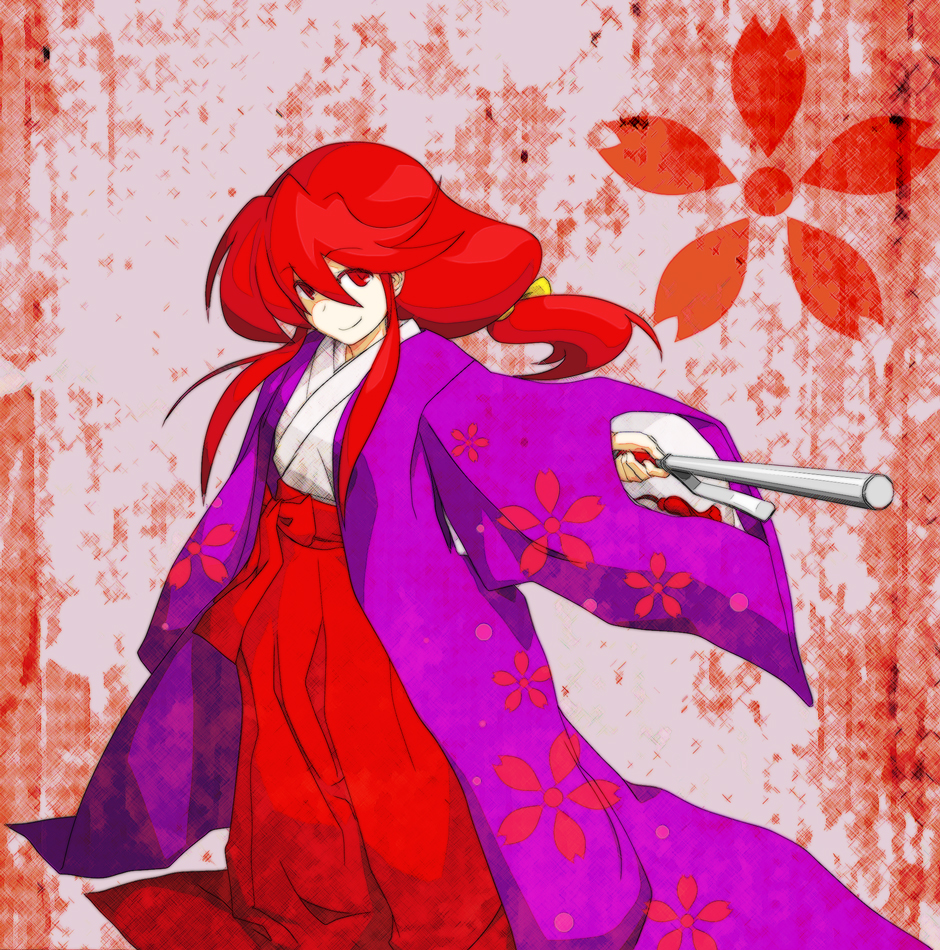 serene (gusarme), serene (pixiv66339), kotohime (touhou), phantasmagoria of dim.dream, touhou, touhou (pc-98), 1girl, female focus, hakama, hakama skirt, japanese clothes, jitte, kimono, red eyes, red hair, red hakama, skirt, smile, solo, weapon