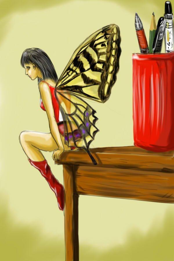microid s, toei company, tagme, 1970s (style), 1girl, black hair, bug, butterfly, butterfly wings, cup, insect, insect wings, mini person, minigirl, oldschool, pen, pencil, retro artstyle, sitting, wings