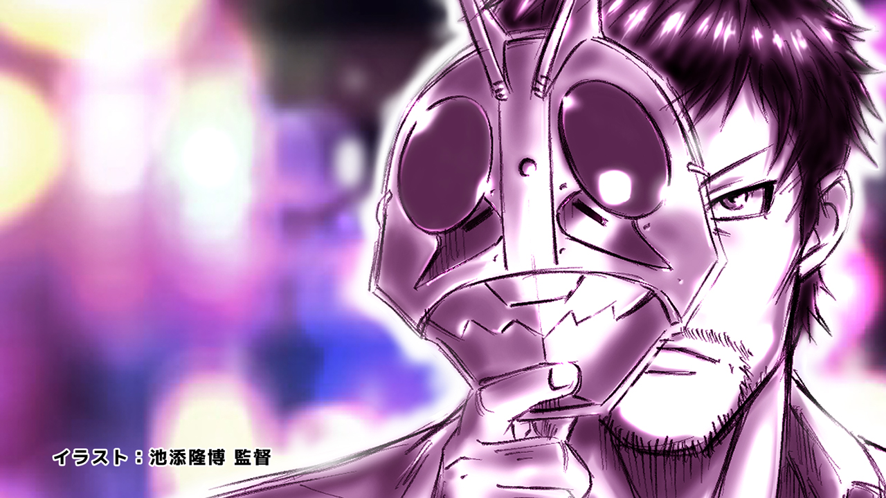 tanzaburou toujima, kamen rider, kamen rider (1st series), toujima tanzaburou wa kamen rider ni naritai, official art, 1boy, artist name, black hair, facial hair, holding, holding mask, male focus, mask, monochrome, muscular, muscular male, shirt, short hair, zooming in