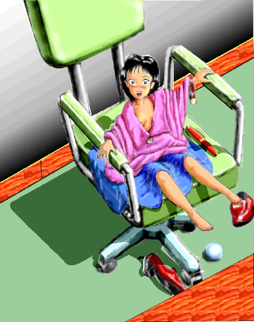 toyogub, 1girl, ball, black hair, blush, chair, female focus, full body, loose clothes, mini person, minigirl, office chair, pen, shrinking, sitting, solo, swivel chair