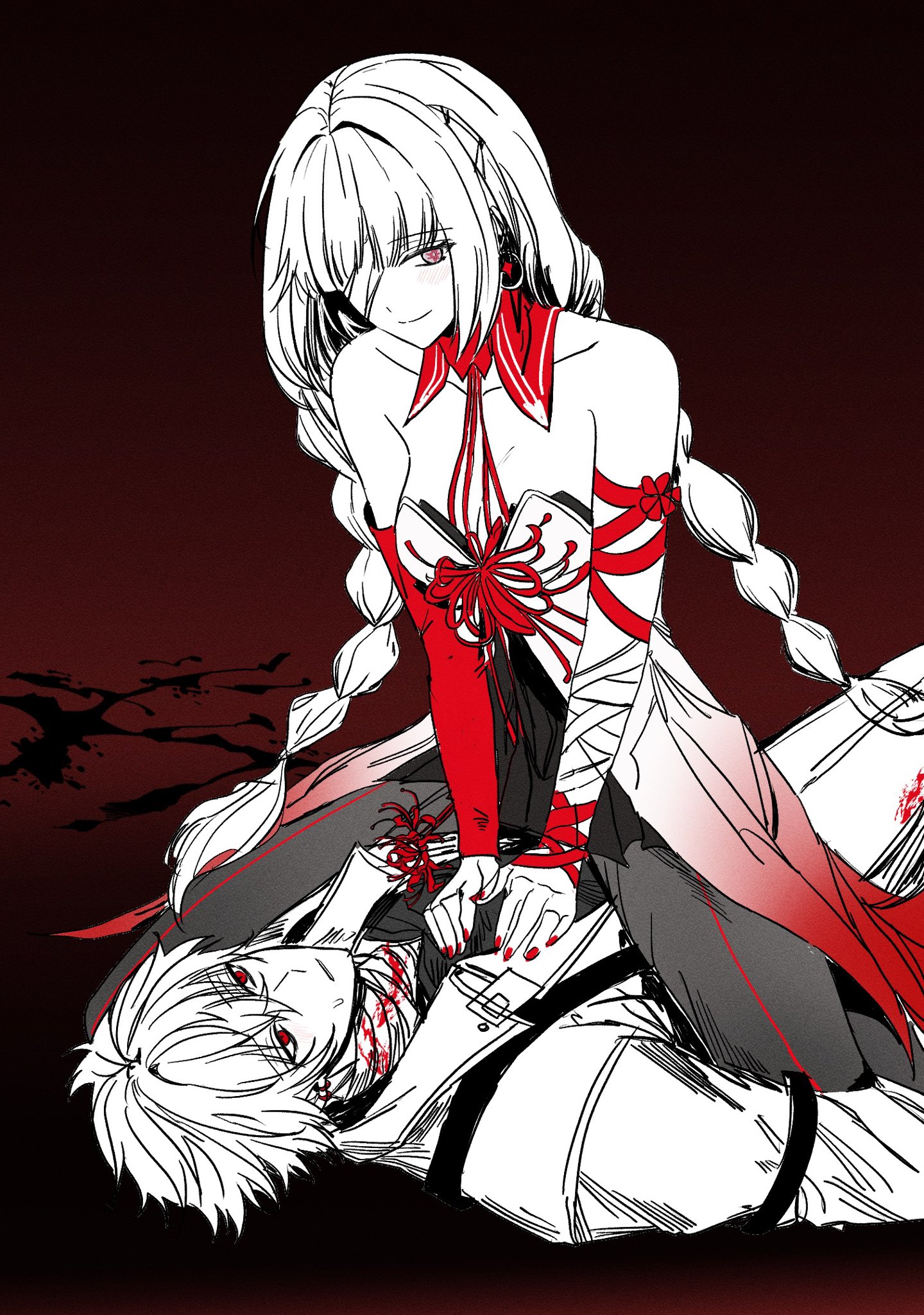 ilsijeongj2213, phrolova (wuthering waves), original, wuthering waves, commentary request, highres, korean commentary, 1boy, 1girl, assertive female, bandage over one eye, bandaged arm, bandaged neck, bandages, bare shoulders, black pantyhose, blood, blood on neck, bloody bandages, blunt bangs, boutonniere, braid, breasts, cleavage, corsage, couple, dark background, detached collar, detached sleeves, dress, earrings, flower, front-seamed legwear, halter dress, halterneck, hands on another's chest, hetero, hoop earrings, jewelry, lapels, light blush, long hair, low twin braids, lying, medium breasts, microdress, notched lapels, oc x canon, on back, one eye covered, pantyhose, parted lips, pleated dress, red background, red bandage, red eyes, red flower, red nails, red pupils, red sleeves, red theme, rether (ilsijeongj2213), seamed legwear, short hair, showgirl skirt, single detached sleeve, single earring, sleeve garter, sleeveless, sleeveless dress, smile, spider lily, spot color, straddling, sweatdrop, symbol-shaped pupils, twin braids, unamused, very long hair, very short hair, wing collar