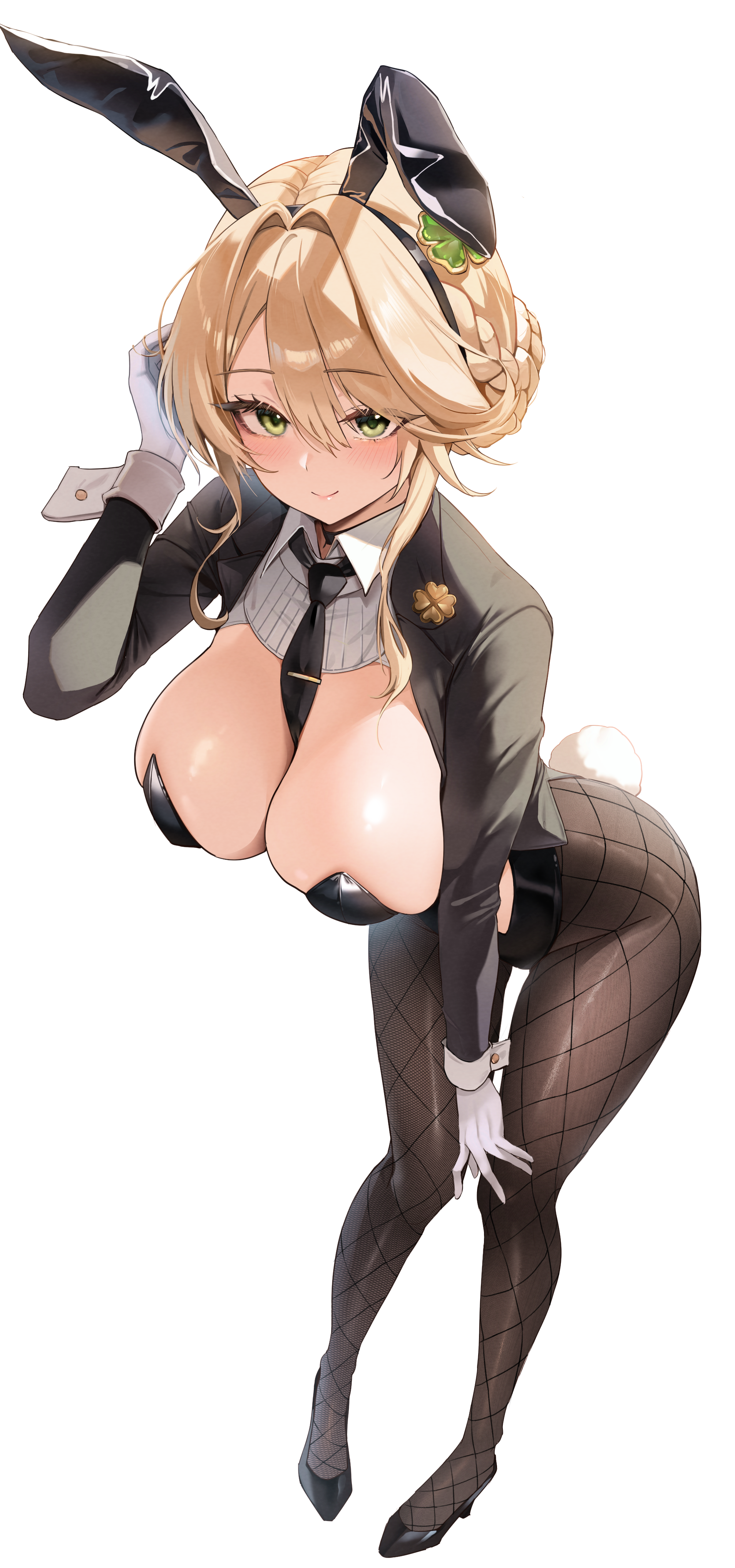 fankey, ade (agent bunny) (nikke), ade (nikke), goddess of victory: nikke, absurdres, highres, 1girl, animal ear hairband, animal ears, bent over, between breasts, black necktie, braid, breasts, bun with braided base, cleavage, clover hair ornament, clover pin, fake animal ears, fishnet pantyhose, fishnets, four-leaf clover hair ornament, full body, hair ornament, hairband, hanging breasts, large breasts, leaning forward, medium sidelocks, necktie, necktie between breasts, official alternate costume, pantyhose, playboy bunny, rabbit ear hairband, rabbit ears, simple background, solo, thighs, undersized breast cup, white background