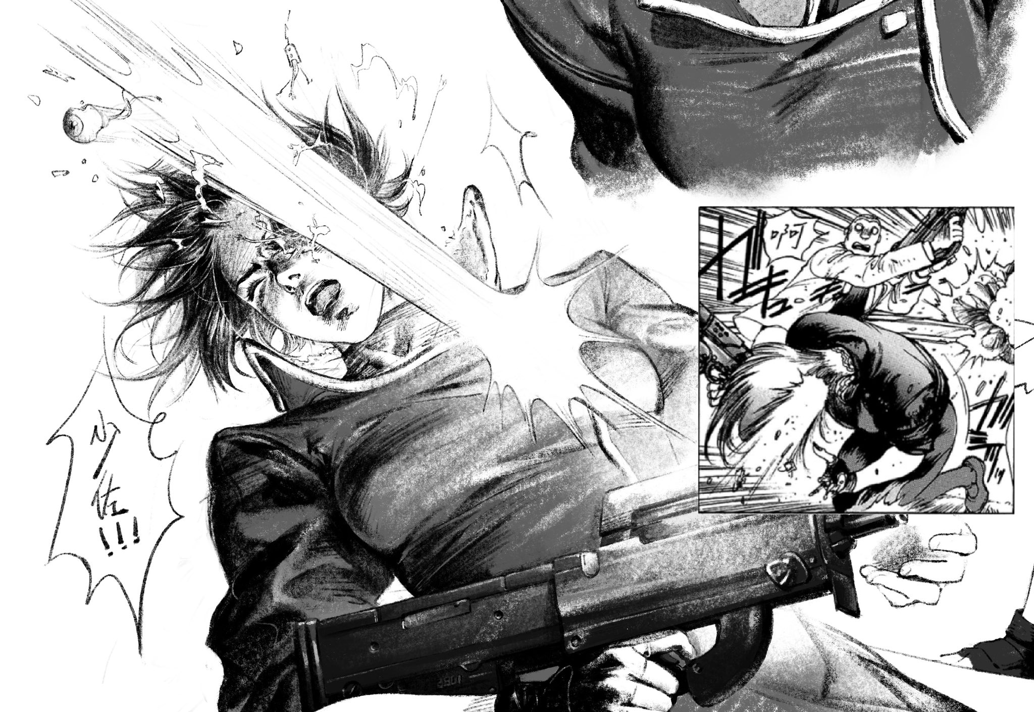 aizheajsee, batou (gits), kusanagi motoko, ghost in the shell, highres, 1boy, 1girl, black hair, bullpup, cyborg, eye injury, eyeball, gun, headshot, holding, holding gun, holding weapon, medium hair, official art inset, p90, solo focus, submachine gun, surprised, weapon