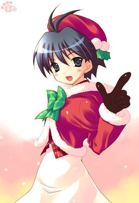 mame-p, kikuchi makoto, idolmaster, idolmaster (classic), bad id, bad pixiv id, 00s, 1girl, antenna hair, christmas, female focus, gradient background, solo
