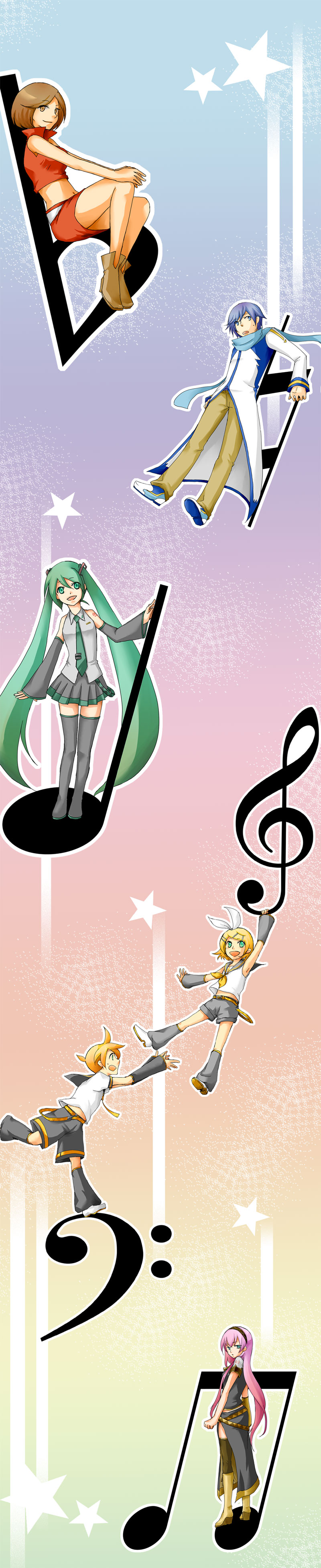 ichiya (artist), ichiya (kimini meromero!), hatsune miku, kagamine len, kagamine rin, kaito (vocaloid), megurine luka, meiko (vocaloid), vocaloid, absurdres, highres, long image, tall image, 2boys, 4girls, aqua eyes, aqua hair, blonde hair, blue eyes, blue hair, blue scarf, boots, brown eyes, brown hair, detached sleeves, hair ornament, hairclip, long hair, midriff, multiple boys, multiple girls, musical note, navel, necktie, pink hair, ribbon, scarf, short hair, shorts, siblings, skirt, star (symbol), thighhighs, twins, twintails, very long hair, zettai ryouiki