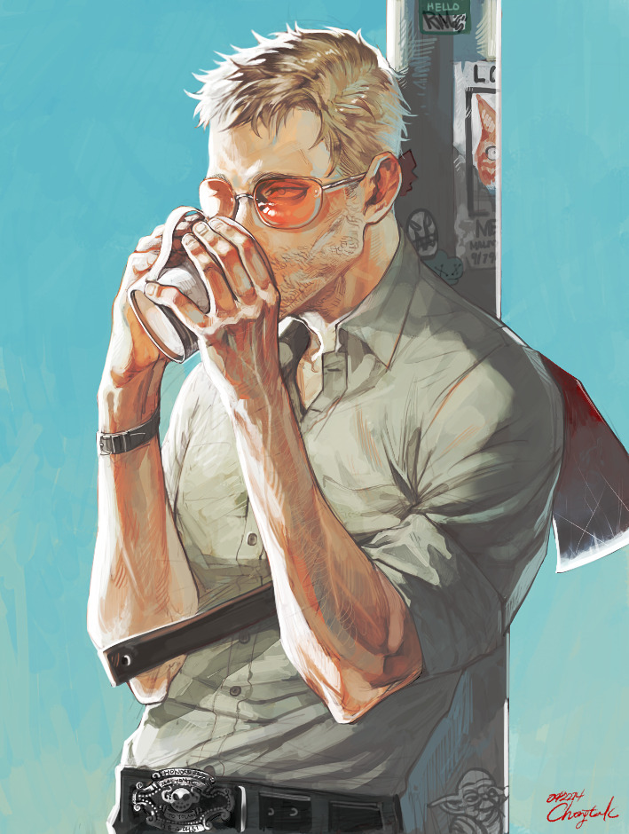 original, 1boy, axe, beard stubble, belt, black belt, blonde hair, blood, bloody weapon, blue sky, collared shirt, ctkcave, cup, drinking, facial hair, glasses, green shirt, hair slicked back, holding, holding axe, holding cup, holding weapon, lamppost, male focus, missing poster, muscular, muscular male, orange-tinted eyewear, shirt, short hair, sky, solo, stubble, tinted eyewear, watch, weapon, wristwatch