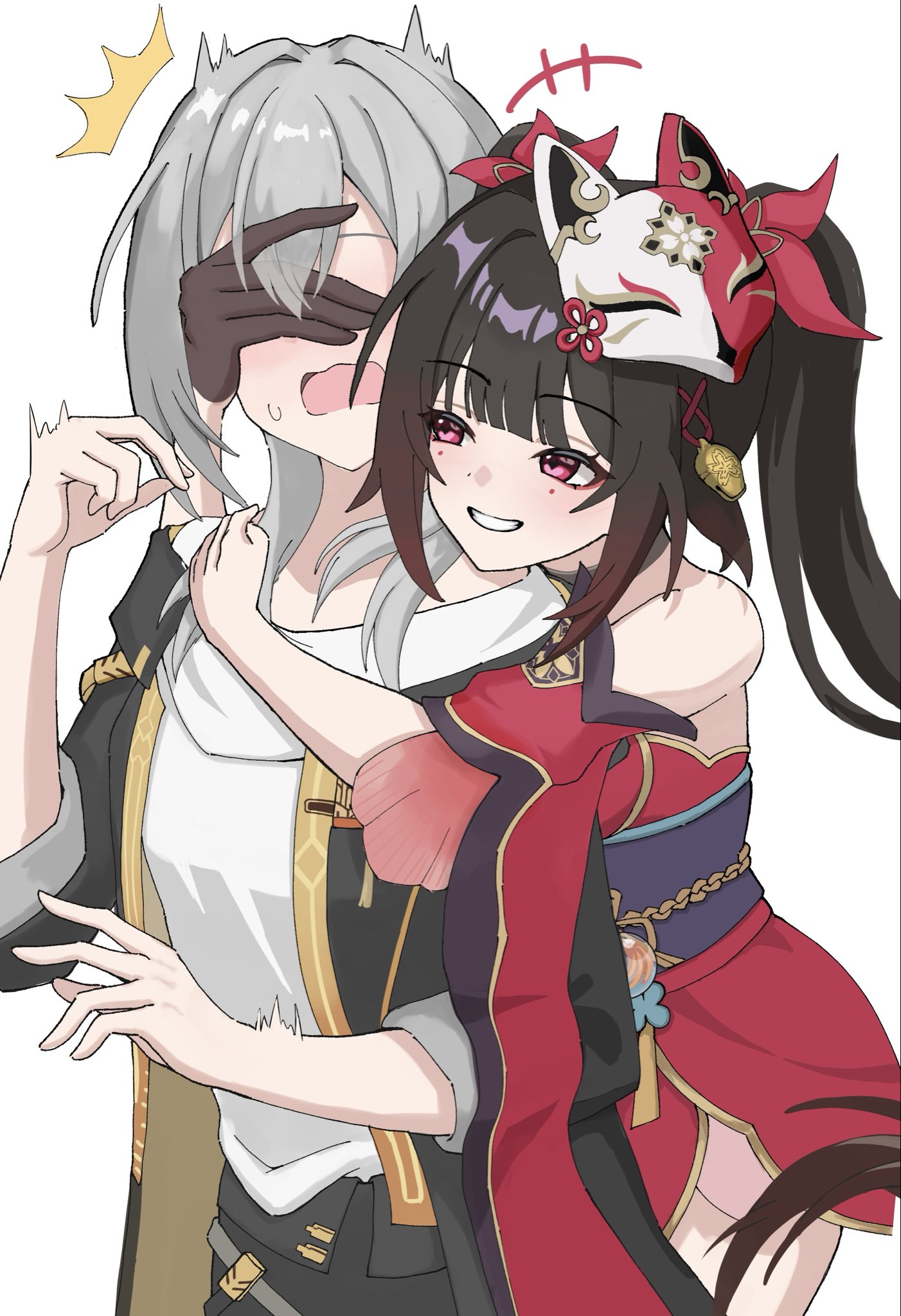 oimo imonium, sparkle (honkai: star rail), stelle (honkai: star rail), trailblazer (honkai: star rail), honkai: star rail, honkai (series), commentary, highres, 2girls, brown hair, covering another's eyes, detached sleeves, fox mask, grey hair, hug, hug from behind, jacket, japanese clothes, long hair, mask, multiple girls, open clothes, open jacket, open mouth, red eyes, shirt, smile, twintails, white shirt, yuri
