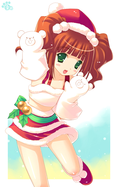 mame-p, takatsuki yayoi, idolmaster, idolmaster (classic), bad id, bad pixiv id, 00s, 1girl, brown hair, child, christmas, female focus, gradient background, green eyes, puppet, santa costume, solo, twintails
