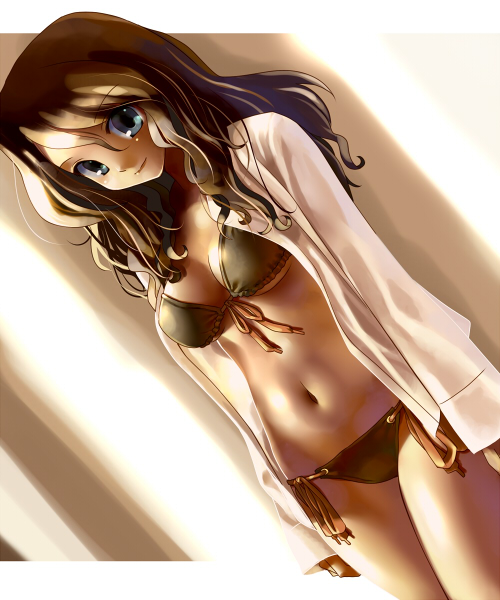 katahira masashi, original, 1girl, bikini, blue eyes, breasts, brown hair, cowboy shot, dutch angle, female focus, front-tie top, long hair, medium breasts, navel, open clothes, open shirt, shirt, side-tie bikini bottom, smile, solo, string bikini, swimsuit