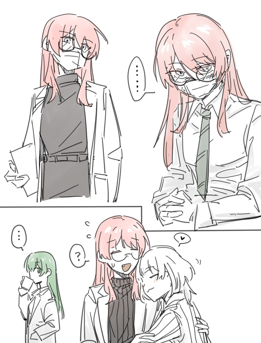 aai90722545007, chihaya anon, kaname raana, bang dream!, bang dream! it's mygo!!!!!, highres, …, 3girls, :3, black necktie, black sweater, fang, glasses, green eyes, green hair, long hair, mask, mouth mask, multiple girls, necktie, open mouth, pink hair, short hair, simple background, spoken ellipsis, sweater, white background