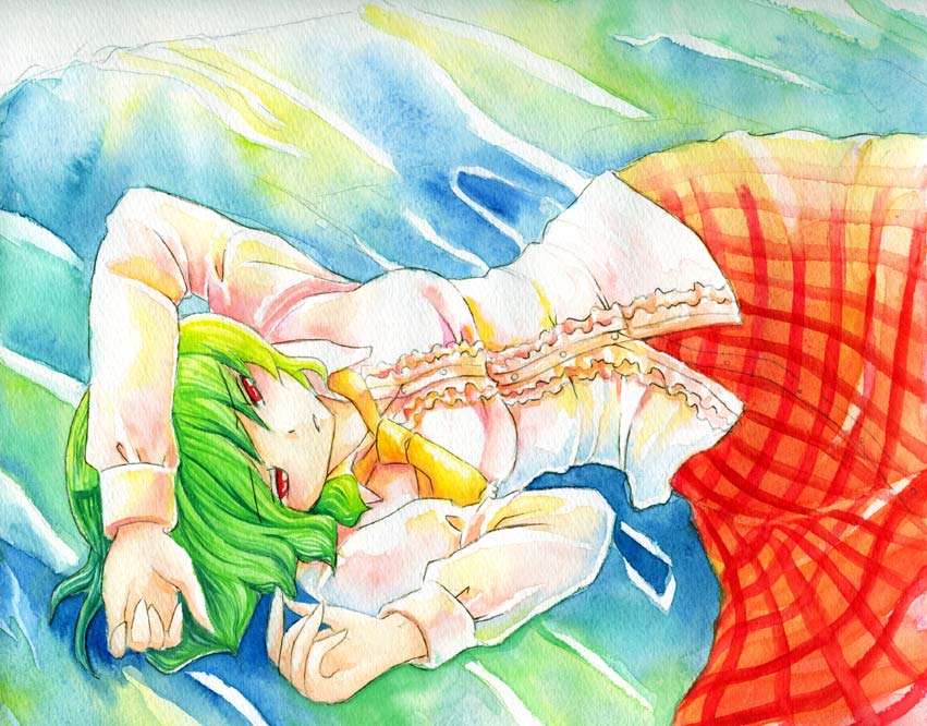 shiroaisa, kazami yuuka, touhou, painting (medium), traditional media, watercolor (medium), 1girl, arm up, ascot, bed sheet, blouse, female focus, green hair, lying, on back, plaid clothes, plaid skirt, red eyes, shirt, short hair, skirt, solo