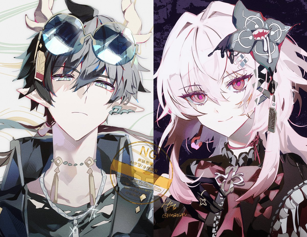 punch (punchrecipe), dan heng (honkai: star rail), dan heng (permansor terrae) (honkai: star rail), evernight (honkai: star rail), march 7th (honkai: star rail), honkai: star rail, honkai (series), hashtag-only commentary, 1boy, 1girl, ahoge, alternate costume, black hair, collar, dragon boy, dragon horns, dress, earrings, glasses, gloves, green eyes, hair ornament, hairclip, horns, jacket, jewelry, low ponytail, necklace, parallel hairclips, pink hair, pointy ears, ponytail, red eyes, ring, shirt, single earring, tassel, watermark, x hair ornament