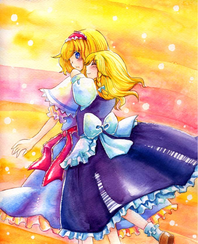 shiroaisa, alice margatroid, kirisame marisa, touhou, painting (medium), traditional media, watercolor (medium), 2girls, blonde hair, blue eyes, closed eyes, female focus, hairband, hug, long hair, multiple girls
