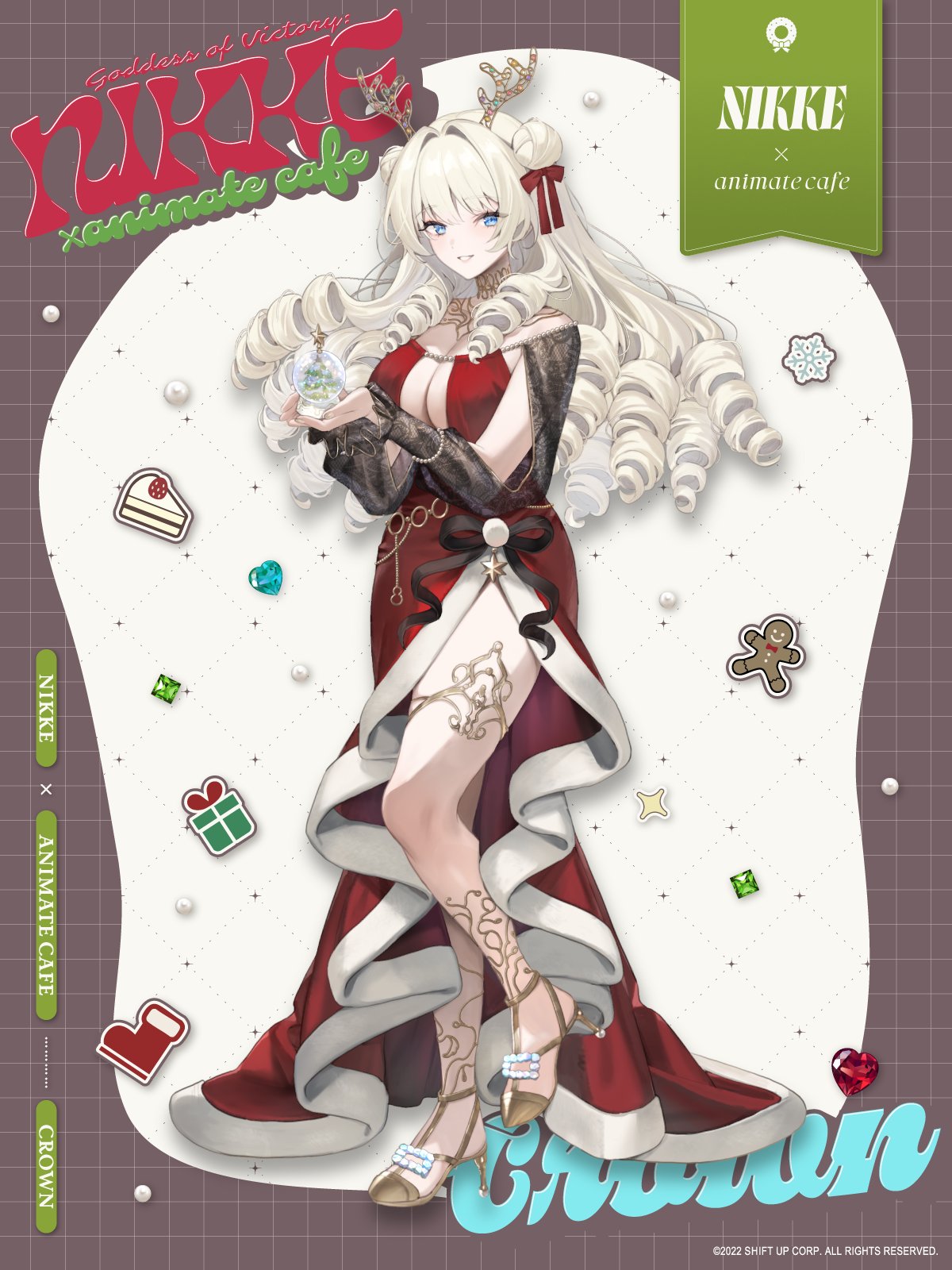 yuuhi homare, crown (nikke), goddess of victory: nikke, highres, official art, 1girl, blonde hair, blue eyes, breasts, drill hair, full body, holding, holding snow globe, official alternate costume, smile, snow globe, solo, too many drills