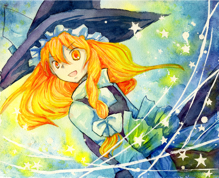shiroaisa, kirisame marisa, touhou, painting (medium), traditional media, watercolor (medium), 1girl, blonde hair, female focus, hat, long hair, solo, witch, witch hat, yellow eyes