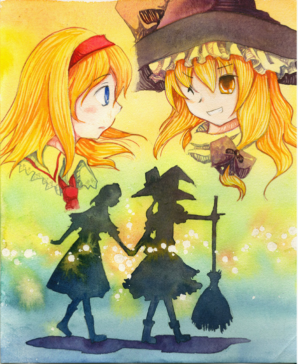 shiroaisa, alice margatroid, kirisame marisa, touhou, painting (medium), traditional media, watercolor (medium), 2girls, blonde hair, blue eyes, broom, female focus, hairband, hat, holding hands, multiple girls, one eye closed, pointing, silhouette, wink, witch, witch hat, yellow eyes