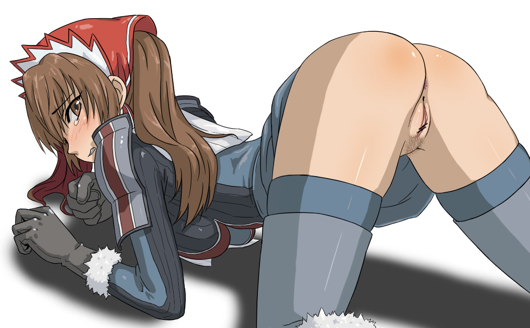 hou (hachiyou), alicia melchiott, senjou no valkyria, senjou no valkyria (series), senjou no valkyria 1, bad id, bad pixiv id, 00s, 1girl, all fours, anus, ass, bent over, blush, brown eyes, brown hair, censored, clenched teeth, female focus, female pubic hair, gloves, headdress, long hair, looking back, military, military uniform, no panties, pointless censoring, pubic hair, pussy, solo, tears, teeth, thighhighs, top-down bottom-up, twintails
