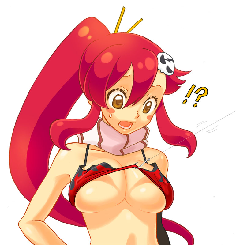 biafura, yoko littner, tengen toppa gurren lagann, bad id, bad pixiv id, !?, 00s, 1girl, assisted exposure, bikini, bikini top only, blush stickers, breasts, cleavage, female focus, fish hook, fishing line, hair ornament, large breasts, ponytail, red bikini, red hair, scarf, solo, striped clothes, striped scarf, swimsuit