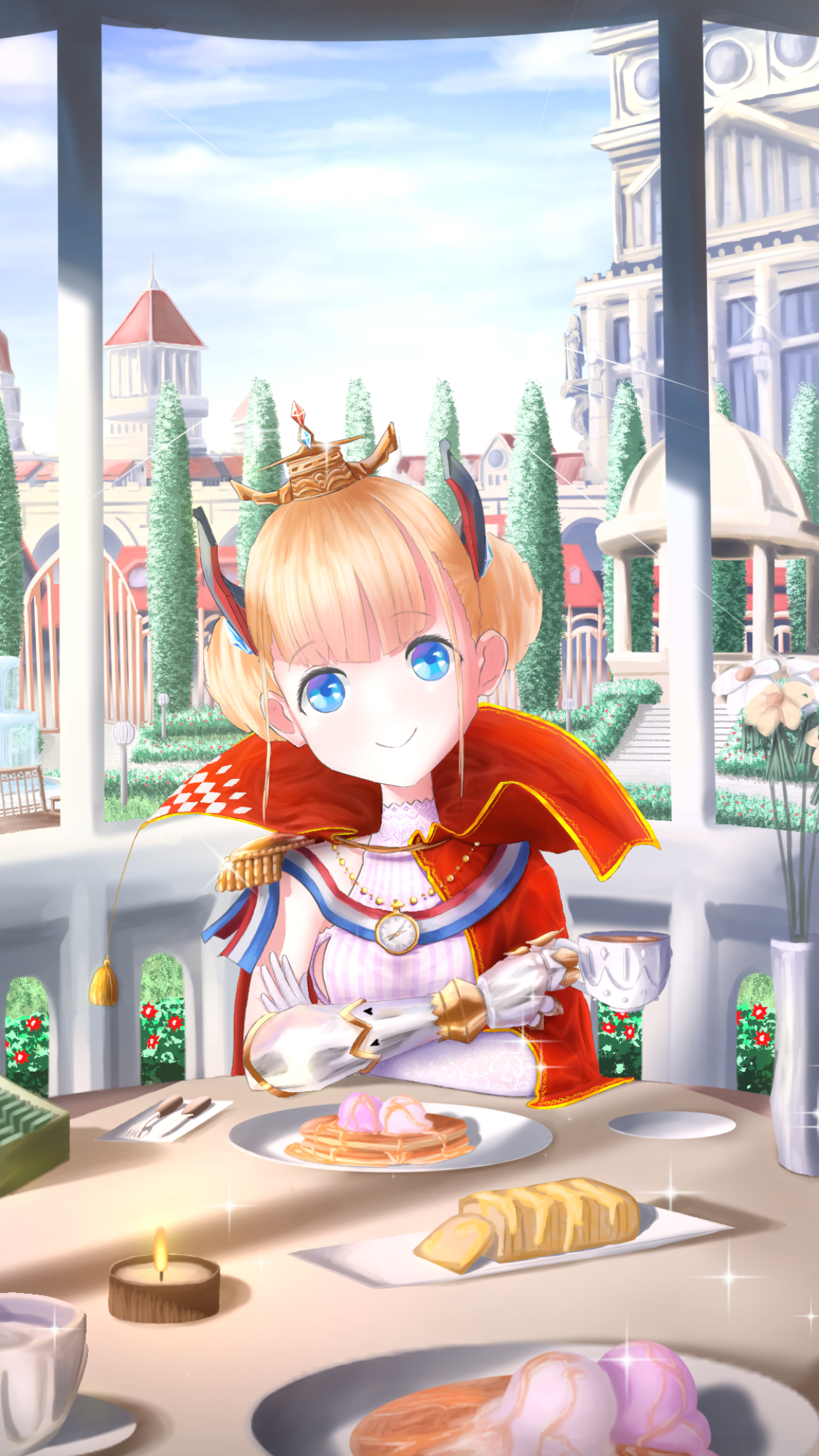 mister varkat, le triomphant (azur lane), azur lane, commentary, english commentary, highres, 1girl, blonde hair, blue eyes, breasts, candle, cape, crown, cup, flower, gauntlets, gold trim, holding, holding cup, jewelry, looking at viewer, mini crown, necklace, pov across table, pov dating, red cape, red flower, single bare shoulder, small breasts, smile, solo, vase, white flower