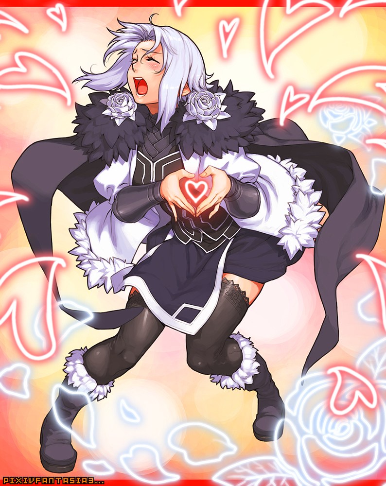 azusa (hws), elaine (pixiv fantasia), k-on!, pixiv fantasia, pixiv fantasia 3, 1girl, cape, closed eyes, female focus, flower, gigandal federation, heart, heart hands, moe moe kyun!, open mouth, parody, rose, round teeth, solo, teeth, thighhighs, white hair, zettai ryouiki