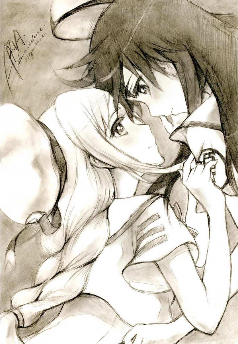 kisetsu, akira ferrari, alicia florence, aria (manga), bad id, bad pixiv id, highres, traditional media, 00s, 2girls, blouse, braid, couple, eye contact, hat, long hair, looking at another, monochrome, multiple girls, shirt, single braid, sketch, white shirt, yuri