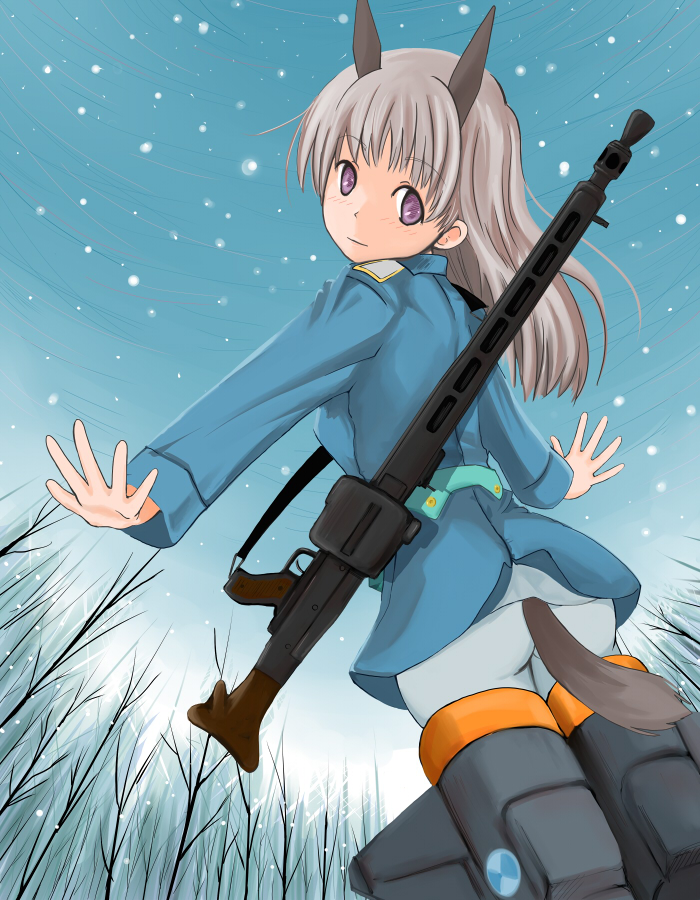 sobako (artist), sobako (gc8e), eila ilmatar juutilainen, strike witches, world witches series, bad id, bad pixiv id, 00s, 1girl, animal ears, drum magazine, female focus, gun, machine gun, magazine (weapon), mg42, military, military uniform, pantyhose, rifle, snow, solo, striker unit, tail, weapon, white pantyhose