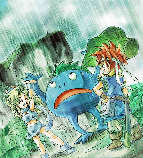 bessend, ayla (chrono trigger), crono (chrono trigger), nu (chrono trigger), chrono (series), chrono trigger, square enix, 1990s (style), 1boy, 1girl, blonde hair, closed eyes, cloud, creature, headband, leaf, open mouth, rain, smile