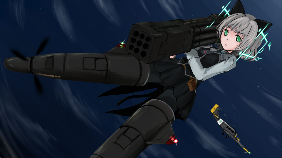 sobako (artist), sobako (gc8e), sanya v. litvyak, strike witches, world witches series, silver hair, bad id, bad pixiv id, 00s, 1girl, aircraft, airplane, animal ears, black necktie, black pantyhose, female focus, green eyes, gun, hirschgeweih antennas, military, military uniform, necktie, pantyhose, rocket launcher, short hair, sky, solo, striker unit, weapon