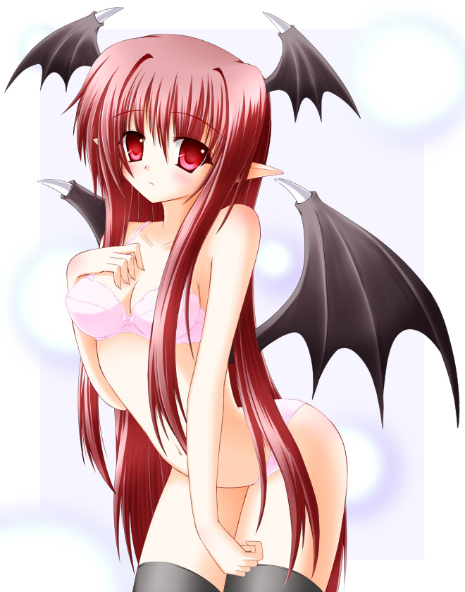 shirotsuki kouta, koakuma, embodiment of scarlet devil, touhou, 1girl, bat wings, bra, female focus, head wings, leaning forward, lingerie, long hair, panties, pointy ears, red eyes, red hair, solo, thighhighs, underwear, underwear only, very long hair, wings