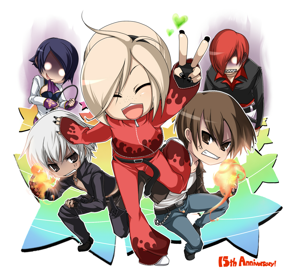 kosumo, ash crimson, elisabeth blanctorche, k' (kof), kusanagi kyou, yagami iori, snk, the king of fighters, 1girl, 4boys, androgynous, angry, black nails, chibi, closed eyes, crossdressing, fire, happy, heart, multiple boys, nail polish, pants, pyrokinesis, red pants, trap, v, whip