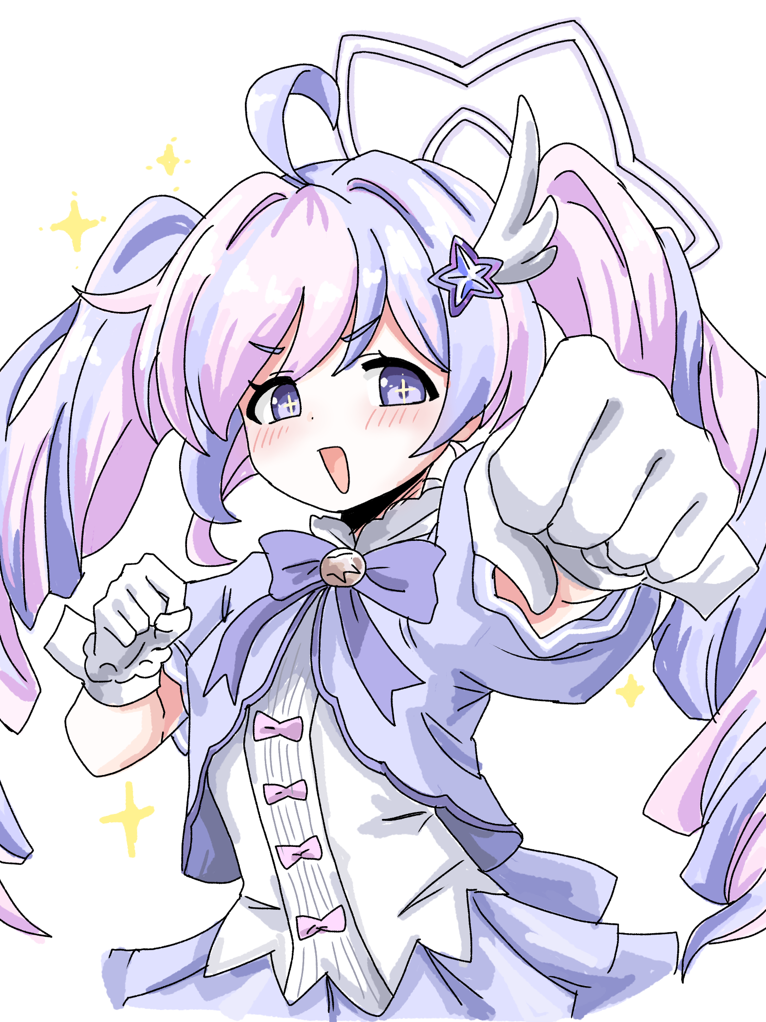 tachikaze miyako, reisa (blue archive), reisa (magical) (blue archive), blue archive, commentary request, highres, + +, 1girl, :d, ahoge, blue hair, blush, bow, bowtie, clenched hands, dress, dress bow, drill hair, excited, gloves, hair intakes, hair ornament, halo, long hair, looking at viewer, magical girl, multicolored hair, official alternate costume, official alternate hairstyle, open mouth, outstretched arm, pink bow, pink hair, puffy short sleeves, puffy sleeves, purple bow, purple bowtie, purple dress, purple eyes, short sleeves, sidelocks, simple background, smile, solo, sparkle, star (symbol), star hair ornament, star halo, streaked hair, tareme, twin drills, twintails, two-tone dress, two-tone hair, upper body, v-shaped eyebrows, very long hair, white background, white dress, white gloves