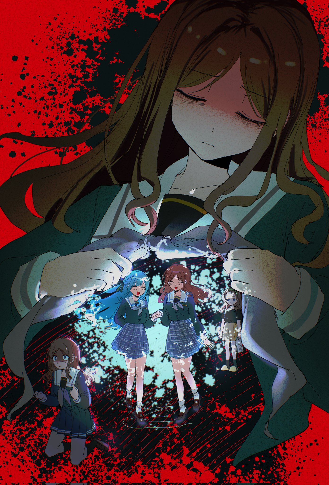 nagasaki soyo, togawa sakiko, bang dream!, bang dream! it's mygo!!!!!, corrupted twitter file, highres, 2girls, birthday1730225, blue eyes, blue hair, brown hair, closed eyes, full body, holding hands, kneeling, loafers, long hair, multiple girls, neckerchief, open mouth, paint splatter, plaid clothes, plaid skirt, red background, sailor, school, shoes, skirt, socks, undressing, yuri
