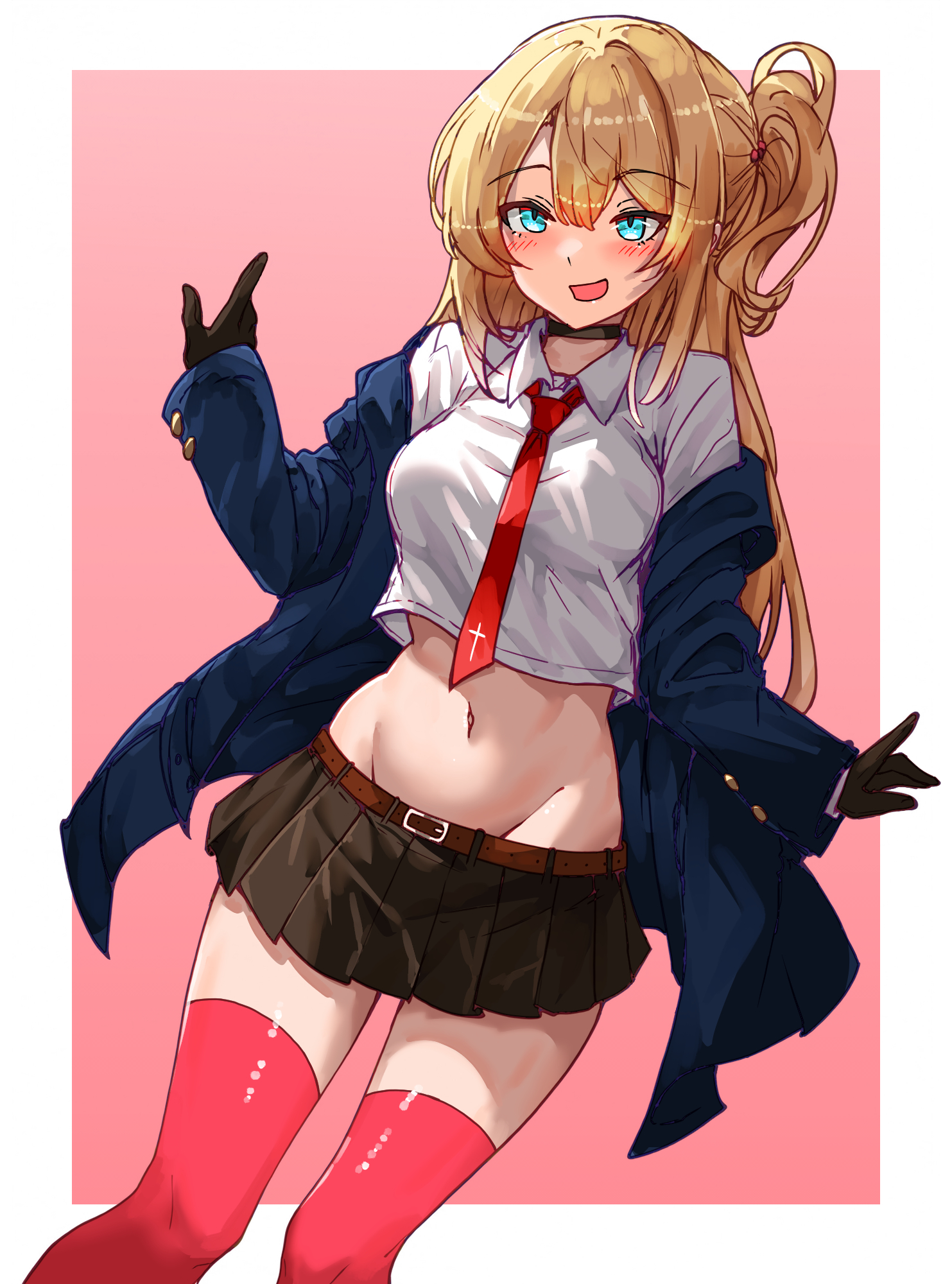 bakasp-lilzy, original, commentary, english commentary, highres, 1girl, belt, belt buckle, black choker, black gloves, black skirt, blazer, blonde hair, blue eyes, blue jacket, blush, border, breasts, buckle, center-flap bangs, choker, crop top, cropped shirt, double-parted bangs, dutch angle, feet out of frame, gloves, groin, hand up, jacket, long hair, long sleeves, looking at viewer, medium breasts, microskirt, midriff, navel, necktie, one side up, open clothes, open jacket, open mouth, outside border, pink background, pleated skirt, red belt, red necktie, red thighhighs, school uniform, shirt, skirt, solo, thighhighs, white border, white shirt, zettai ryouiki
