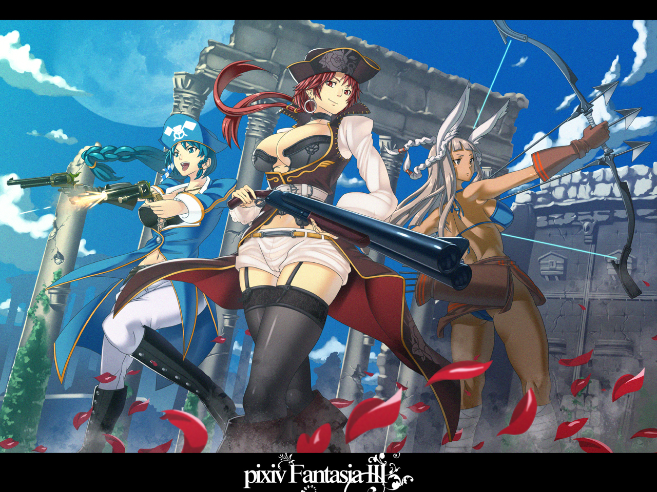knife (artist), pixiv fantasia, pixiv fantasia 3, silver hair, 3girls, animal ears, arrow (projectile), blue hair, boots, bow, bow (weapon), braid, gun, hat, letterboxed, long hair, multiple girls, pirate hat, red eyes, red hair, rifle, ruins, thighhighs, twin braids, weapon
