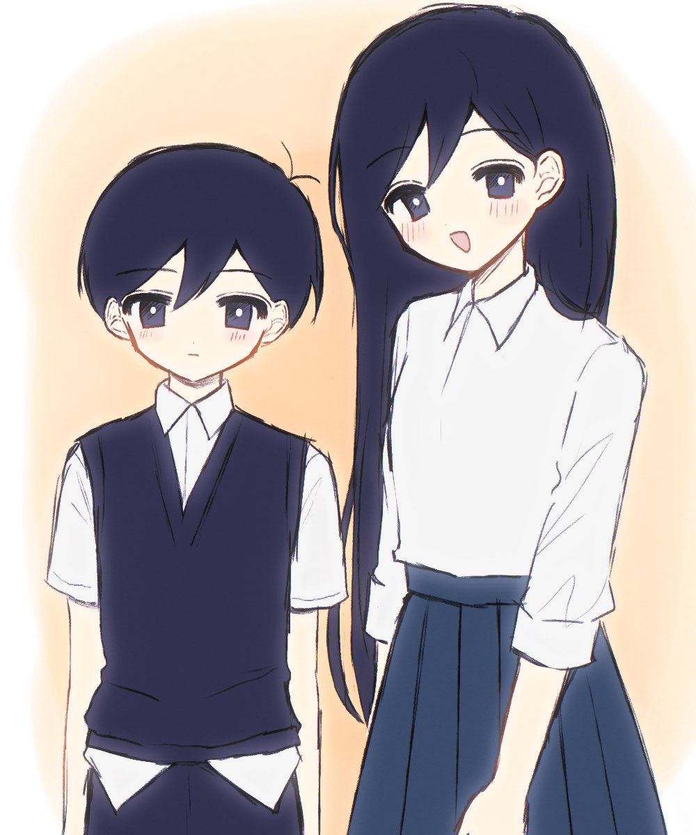 true erg, mari (faraway) (omori), mari (omori), sunny (omori), omori, commentary request, highres, 1boy, 1girl, antenna hair, arms at sides, black eyes, black hair, black pants, black sweater vest, blue skirt, breasts, bright pupils, brother and sister, chromatic aberration, closed mouth, collared shirt, cowboy shot, dot nose, double-parted bangs, hair behind ear, hair between eyes, light blush, long hair, looking at viewer, open mouth, orange background, pants, pleated skirt, shirt, shirt tucked in, short hair, short sleeves, siblings, simple background, skirt, small breasts, smile, standing, sweater vest, very long hair, very short hair, white pupils