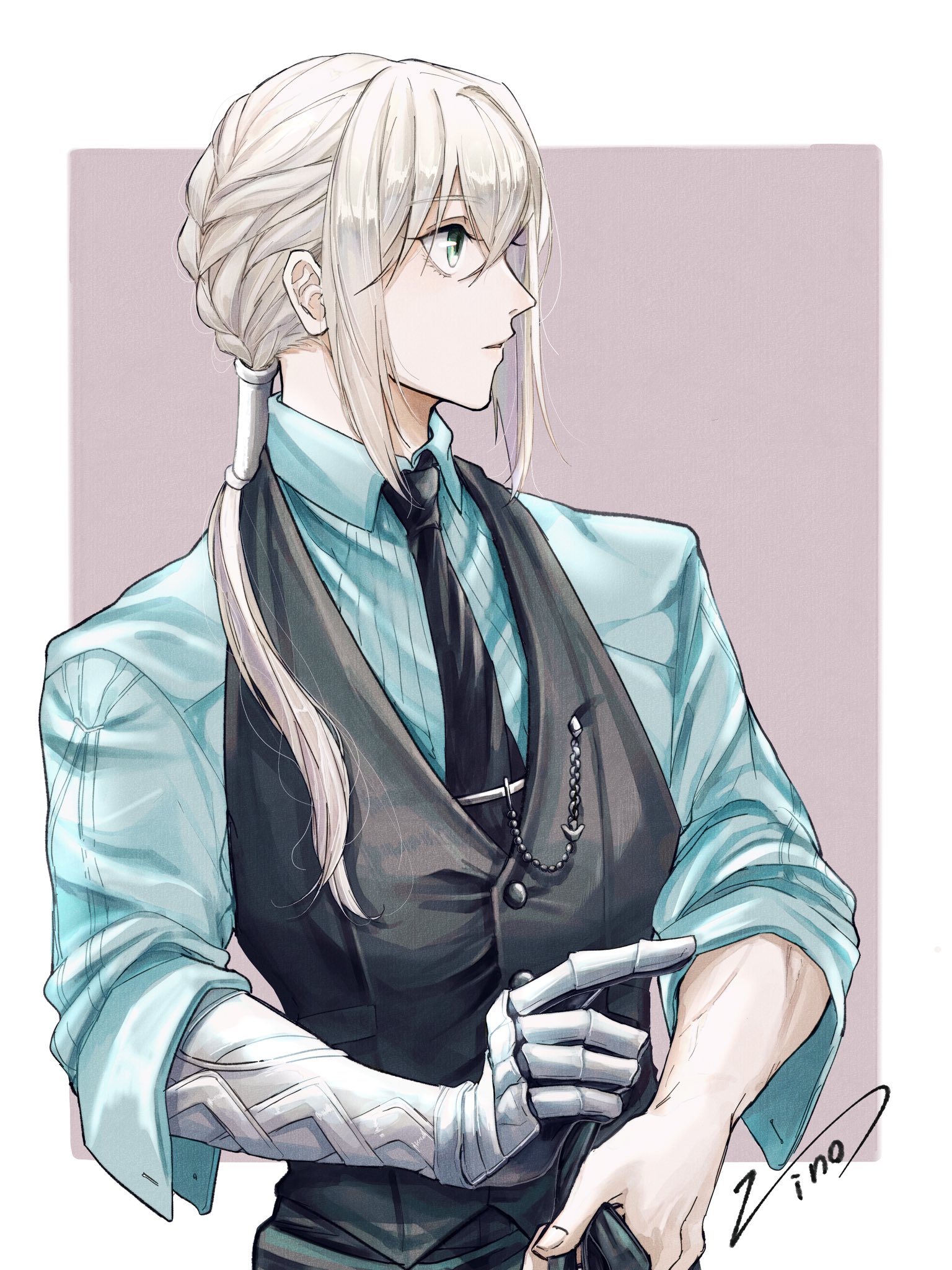 bedivere (fate), fate/grand order, fate (series), commentary, highres, 1boy, airgetlam (fate), alternate costume, aqua shirt, black necktie, black vest, border, braid, brown background, chain, collared shirt, french braided twintails, from side, green eyes, grey hair, hair between eyes, hair over shoulder, hair tubes, holding, jino (zino nonono), long hair, looking ahead, male focus, necktie, outside border, parted lips, profile, prosthesis, prosthetic arm, shirt, signature, simple background, sleeves rolled up, solo, tie clip, toned, toned male, upper body, vest, white border