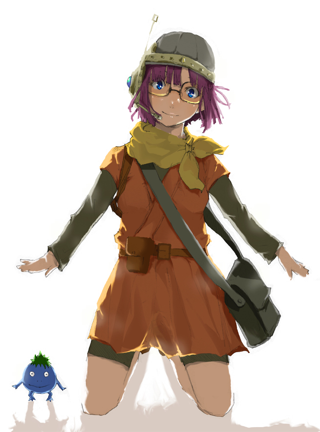 alcw (pixiv657789), lucca ashtear, nu (chrono trigger), chrono (series), chrono trigger, bad id, bad pixiv id, 1990s (style), antennae, bag, blue eyes, glasses, neckerchief, purple hair, satchel, shorts, smile