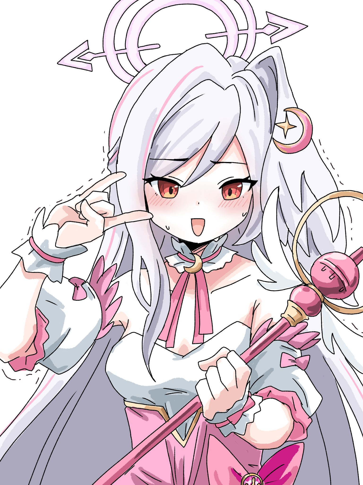 tachikaze miyako, suzumi (blue archive), suzumi (magical) (blue archive), blue archive, commentary request, highres, 1girl, :d, m/, bare shoulders, blush, choker, collarbone, crescent, crescent hair ornament, detached sleeves, dress, frilled choker, frilled sleeves, frilled wrist cuffs, frills, grey hair, hair between eyes, hair ornament, halo, hand up, hands up, holding, holding wand, long hair, looking at viewer, magical girl, neck ribbon, official alternate costume, one side up, open mouth, pink choker, pink dress, pink halo, pink ribbon, puffy short sleeves, puffy sleeves, red eyes, ribbon, short sleeves, simple background, smile, solo, strapless, strapless dress, sweatdrop, trembling, tsurime, upper body, very long hair, wand, white background, wrist cuffs