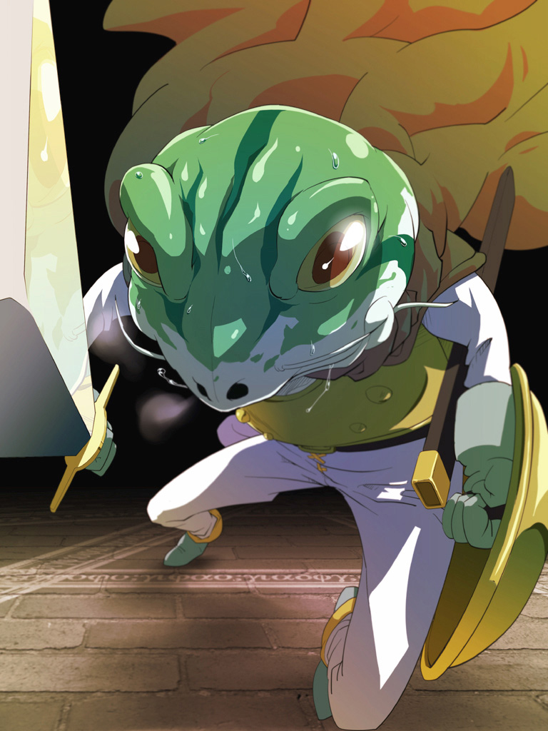 f (pixiv), frog (chrono trigger), chrono (series), chrono trigger, 1990s (style), 1boy, cape, foreshortening, frog, holding, holding sword, holding weapon, male focus, nostrils, perspective, reflection, retro artstyle, shield, solo, sword, weapon, yellow eyes