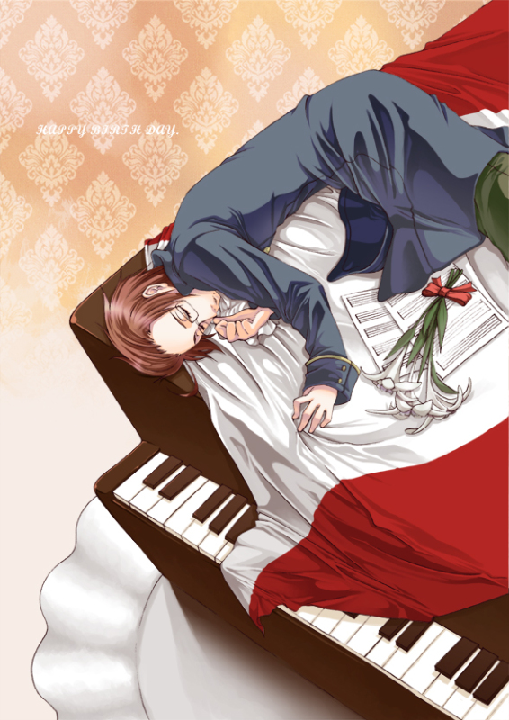 austria (hetalia), axis powers hetalia, 00s, 1boy, brown hair, flag, formal clothes, instrument, male focus, piano, sleeping, solo, suit