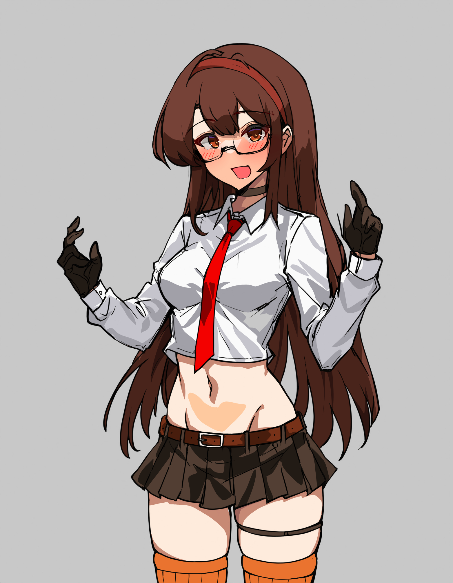 bakasp-lilzy, original, commentary, english commentary, highres, 1girl, belt, belt buckle, black choker, black gloves, black skirt, blush, breasts, brown eyes, brown hair, buckle, center-flap bangs, choker, cowboy shot, crop top, cropped shirt, double-parted bangs, glasses, gloves, grey background, groin, hairband, hands up, long hair, long sleeves, looking at viewer, medium breasts, microskirt, midriff, navel, necktie, open mouth, orange thighhighs, pleated skirt, red belt, red hairband, red necktie, ribbed thighhighs, school uniform, shirt, simple background, skirt, smile, solo, standing, straight-on, thigh strap, thighhighs, very long hair, white shirt, zettai ryouiki