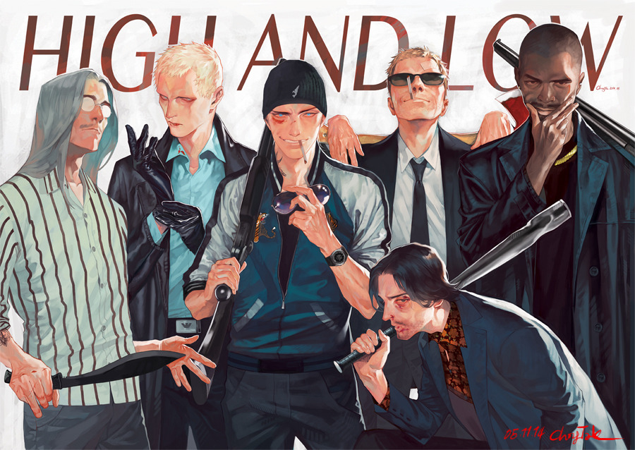 original, 6+boys, axe, baseball bat, beanie, beard stubble, black eyes, black gloves, black hair, black jacket, black suit, blonde hair, blood, blood on face, blue eyes, blue jacket, blue shirt, cigarette, collared shirt, ctkcave, dark-skinned male, dark skin, english text, facial hair, formal clothes, gloves, gun, hand on own face, hat, holding, holding axe, holding baseball bat, holding gun, holding knife, holding removed eyewear, holding weapon, jacket, knife, letterman jacket, long hair, male focus, medium hair, multiple boys, mustache, parted hair, patterned clothing, red shirt, shaved head, shirt, short hair, smile, smoking, spiked hair, striped clothes, stubble, suit, sunglasses, unworn eyewear, vertical-striped clothes, watch, weapon, white background, white hair, white shirt, wristwatch