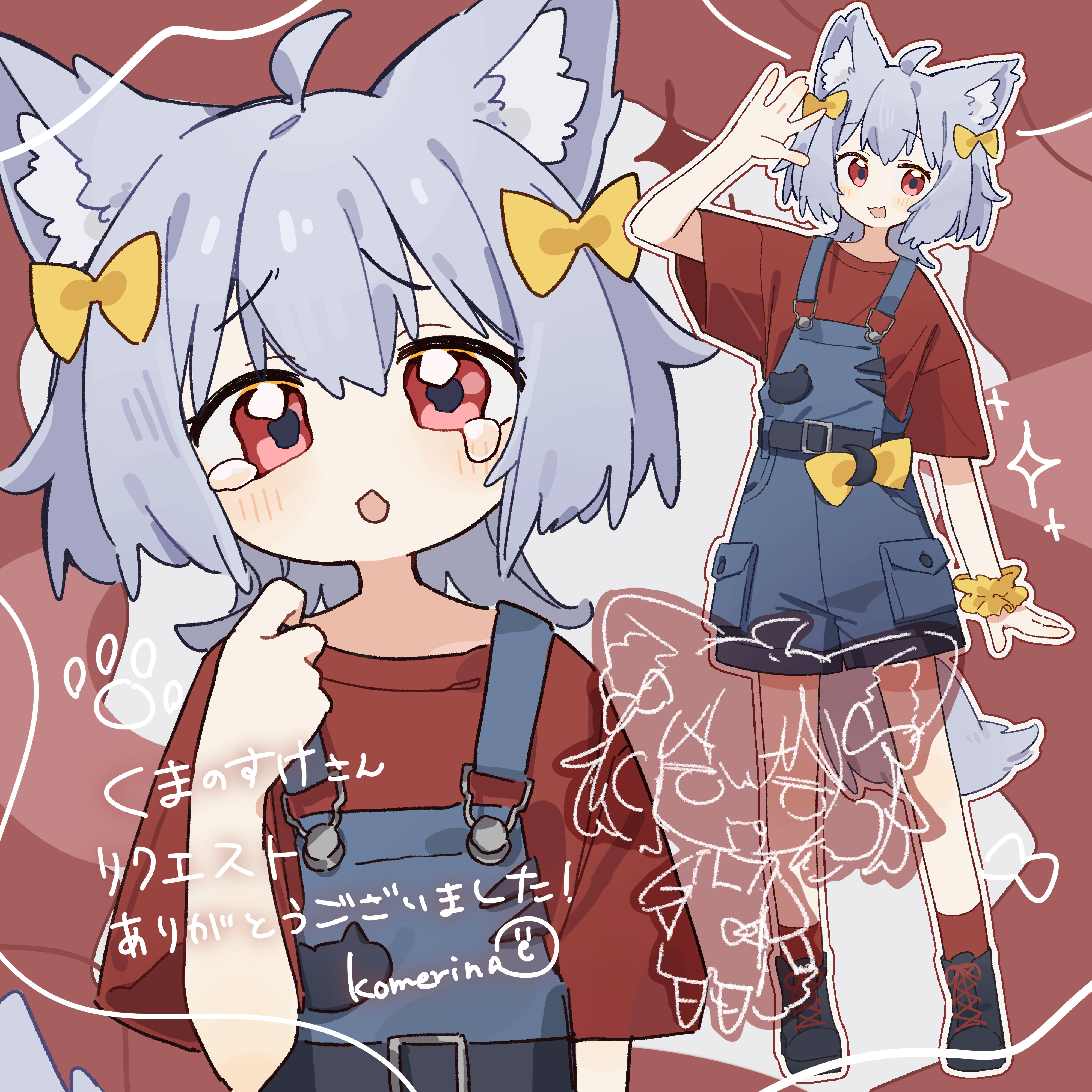 komerina, original, absurdres, commentary, commission, highres, translated, 1girl, :3, :d, :o, ahoge, animal ear fluff, animal ears, arm up, artist name, belt, black belt, black shoes, blue overalls, blush, bow, chibi, flat chest, fox ears, fox girl, fox tail, full body, grey hair, hair between eyes, hair bow, hand up, head tilt, looking at viewer, multiple views, no nose, open mouth, overall shorts, overalls, paw print, raised inner eyebrows, red background, red eyes, red shirt, red socks, sad, scrunchie, shirt, shoes, short hair, short sleeves, shorts, sidelocks, signature, smile, socks, standing, star (symbol), suspender shorts, suspenders, t-shirt, tail, tearing up, upper body, waving, white background, wide sleeves, wrist scrunchie, yellow bow, yellow scrunchie