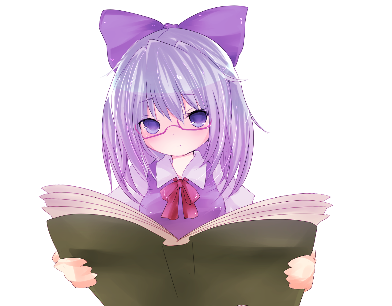 monako, cirno, touhou, bad id, bad pixiv id, bespectacled, blue eyes, blue hair, blush, book, glasses, hair ribbon, ribbon, smile, solo