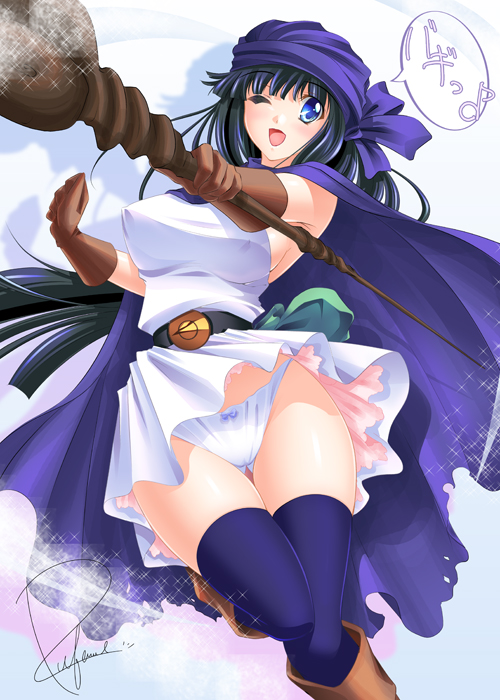 tsubame (minami haruka), hero (dq5), dragon quest, dragon quest v, bad id, bad pixiv id, 1girl, belt, black hair, blue eyes, dress, female focus, genderswap, genderswap (mtf), gloves, one eye closed, open mouth, panties, pantyshot, short dress, solo, staff, thighhighs, turban, underwear, wink