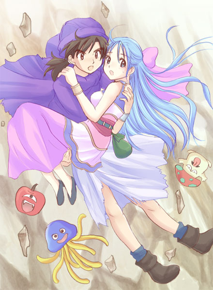 ninica, flora (dq5), healslime, hero (dq5), dragon quest, dragon quest v, bad id, bad pixiv id, 1boy, 1girl, blue eyes, blue hair, bow, carrying, couple, falling, hair bow, half updo, hetero, long hair, monster, princess carry